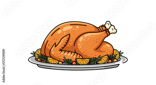 Cartoon roasted turkey for Thanksgiving dinner served on a platter with garnish, a vector illustration svg isolated on transparent background.