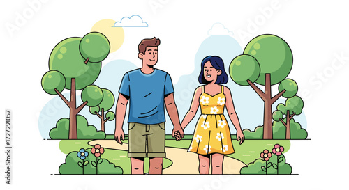 Vector illustration of a couple holding hands and walking in a park, romantic relationship concept svg isolated on transparent background.