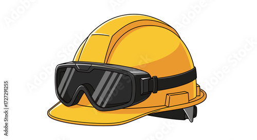 Yellow industrial hard hat with safety goggles. A construction helmet vector illustration graphic for job safety, isolated on transparent background.