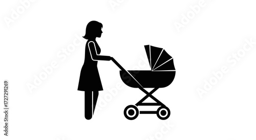 Silhouette of a mother pushing a baby stroller, symbolizing family care and parental lifestyle. Isolated on transparent background, vector illustration, SVG.