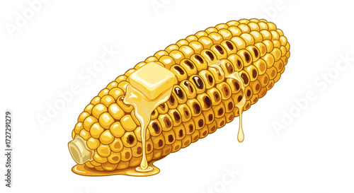 Grilled corn on the cob with a pat of melting butter dripping down the kernels, a delicious summer food concept. SVG vector illustration isolated on white.