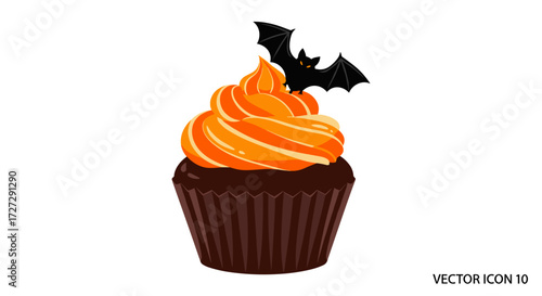 Halloween chocolate cupcake with orange cream frosting and a bat vector illustration for spooky holiday dessert isolated on transparent background.