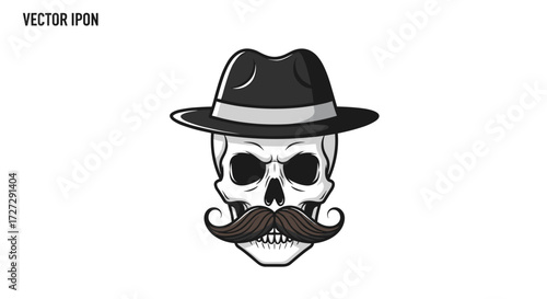 of a dapper skull with a fedora hat and handlebar mustache, a stylized vintage gothic graphic vector illustration, isolated on transparent background, svg