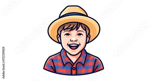 Joyful young boy with a wide happy smile, wearing a straw hat and plaid shirt, isolated on transparent background, a charming vector illustration of childhood.