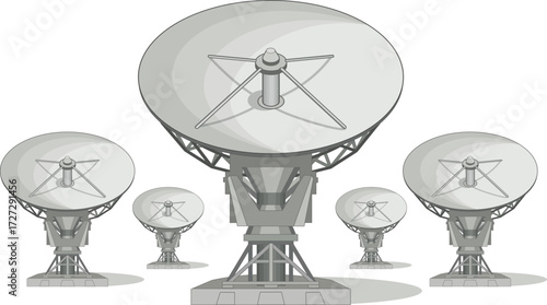 Vector illustration showcases a collection of radio telescope stations positioned in an array for astronomical research and communication