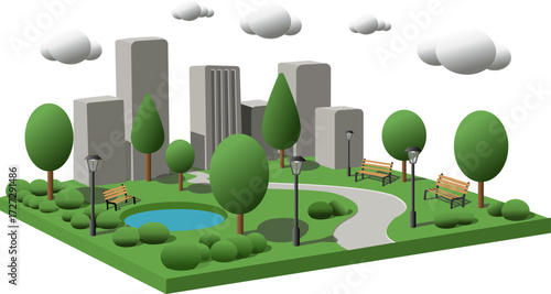 Vector illustration showcasing a vibrant park with city buildings in the background during a sunny day