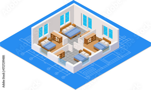 Modern home floorplan in isometric view showcasing interior room layout and design elements for contemporary living