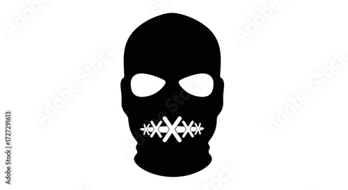 Disturbing skull silhouette vector illustration with a menacing stitched mouth, isolated on a transparent background, perfect for eerie graphic design elements SVG.