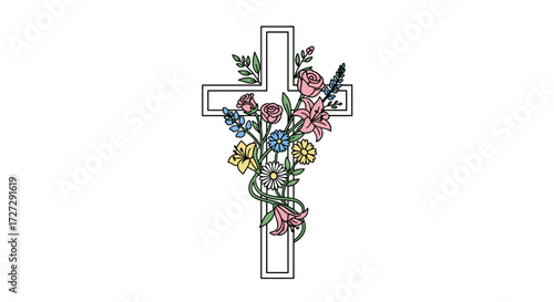 Vibrant floral cross with colorful blooming flowers and green leaves, representing faith, hope, and spirituality, as an svg vector illustration isolated on transparent background.