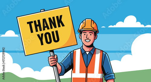 Worker with hard hat and safety vest holding 'Thank You' sign, expressing gratitude, vector illustration, isolated on transparent background, svg.