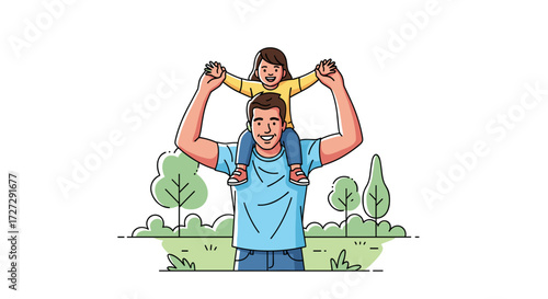 Happy father carrying his joyful child on shoulders in a park, enjoying family bonding and playtime outdoors, vector illustration isolated on transparent background.
