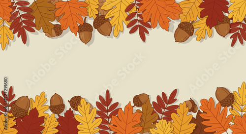 Beautiful autumn leaves and acorns create a warm fall border, ideal for seasonal designs, greeting cards, and promotions, isolated on transparent background vector.