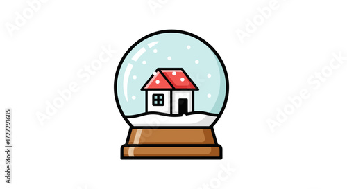 Festive snow globe containing a cozy miniature house with falling snow, presented as a charming vector illustration for winter holidays, isolated on transparent background.
