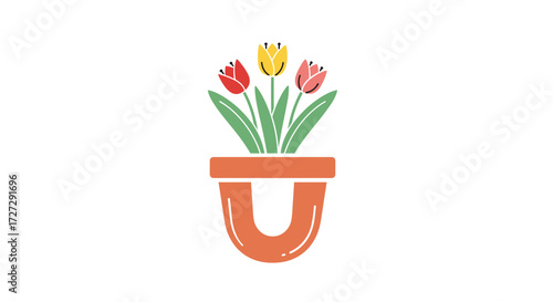 Stylized tulip flowers in a decorative horseshoe pot silhouette, a vibrant vector illustration svg isolated on transparent background for good luck and spring design concept.