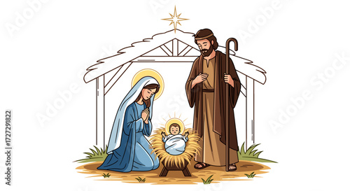 Holy Family Nativity scene featuring Mary, Joseph, and infant Jesus in a stable, a sacred Christmas celebration, vector illustration, isolated on transparent background.