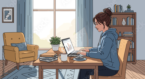 Woman working on laptop at home office desk. Remote digital tasks focus. Vector illustration, svg, isolated on transparent background.