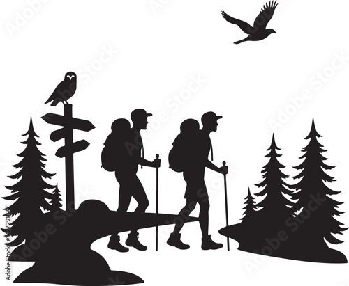 Two hikers with backpacks and trekking poles walk past a signpost with an owl and a bird flies
