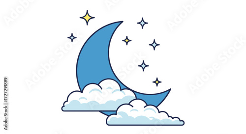 Dreamy blue crescent moon and twinkling stars amidst soft clouds in a serene night sky vector illustration, svg, isolated on transparent background.