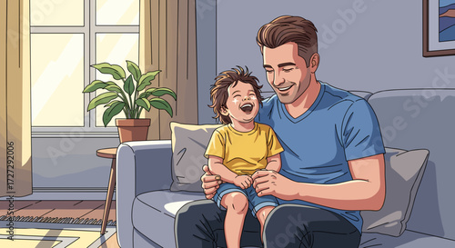 Joyful father and son laughing together on a cozy couch in a sunlit living room, celebrating family bond and happiness at home.