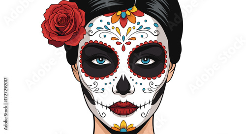 Vibrant Catrina woman, sugar skull face paint, traditional Mexican Dia de Muertos design and a red rose. SVG vector illustration, isolated on transparent background.