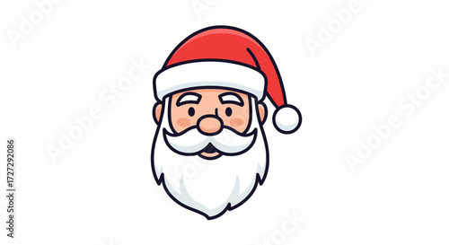 A cheerful cartoon Santa Claus character with a happy smiling face, long white beard, and iconic red hat, isolated on transparent background, vector illustration svg.