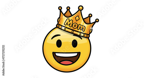Happy mom emoji with golden crown celebrating love and deep gratitude, svg, vector illustration, isolated on transparent background.