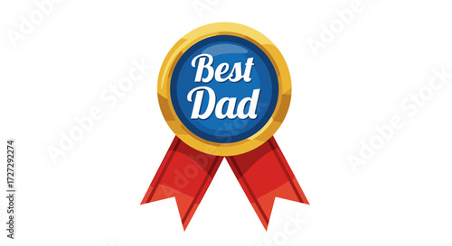 Gilded "Best Dad" award medal with glossy blue center and red ribbon for Father's Day celebration, isolated on transparent background, vector illustration.