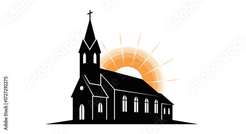 Stylized church silhouette with a glowing, radiant orange sunburst design, symbolizing hope, faith, and spiritual awakening, isolated on transparent background.