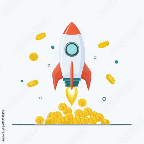 A vibrant cartoon rocket launching upwards from a pile of golden coins, symbolizing rapid financial growth, business startup, and investment success.