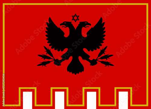 Historic flag of Piana degli Albanesi in Sicily, Italy. Arbresh Albanian heritage banner with red field and black double-headed eagle emblem.