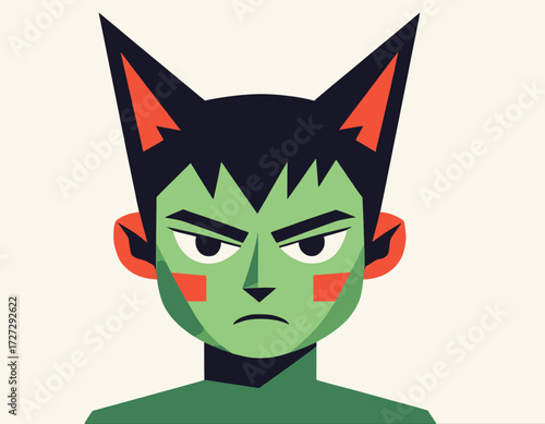 Angry Green Elf with Pointed Ears and Red Markings