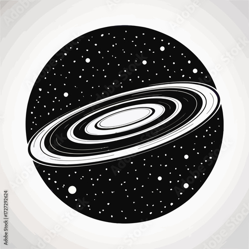 Mysterious black and white galaxy illustration with swirling rings and distant stars creating a cosmic wonder for exploration