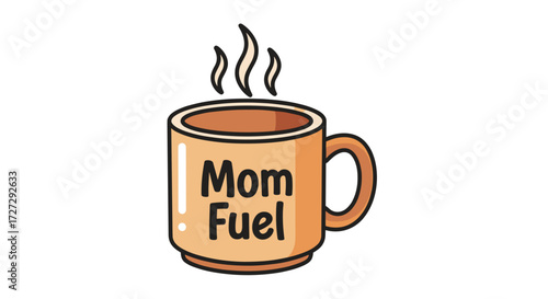 Hot steaming 'Mom Fuel' coffee mug vector illustration, a warm beverage for busy mothers, symbolizing daily energy, isolated on a transparent background.