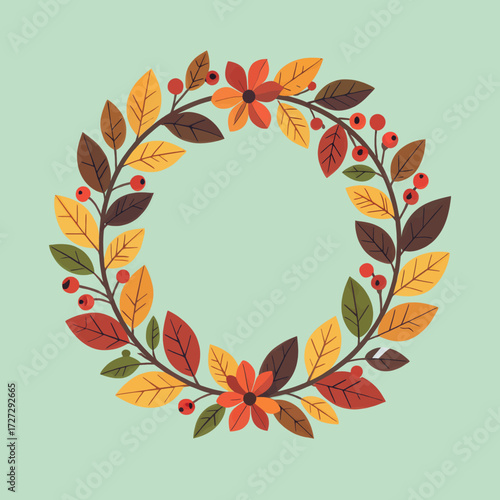 Autumnal Wreath with Leaves and Berries in Warm Colors