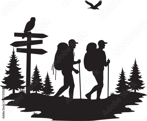 Two hikers with backpacks and trekking poles walk past a signpost with an owl and a bird flying