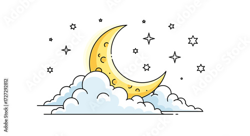 Bright cartoon crescent moon peeking over soft clouds in a serene starry night sky, playful vector illustration SVG, isolated on transparent background.