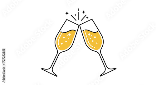 Two sparkling champagne glasses clinking together in a joyous toast, symbolizing celebration, success, and festive events, vector illustration, isolated on transparent background.