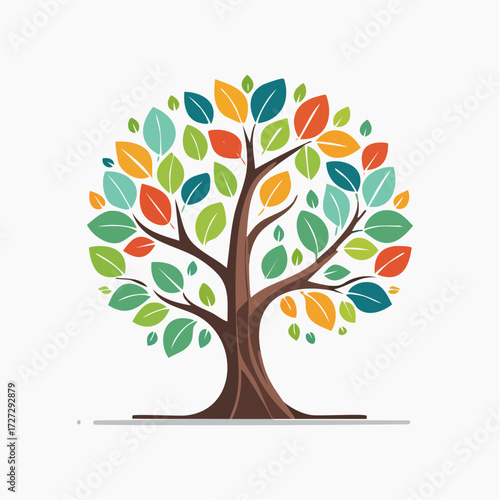 A vibrant, stylized illustration of a tree with a brown trunk and numerous colorful leaves in shades of green, orange, yellow, and teal, set against a clean white background.