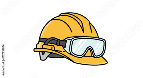 Yellow hard hat and safety goggles, essential personal protective equipment for construction, industrial work, and worker security. Vector illustration isolated on transparent background.svg