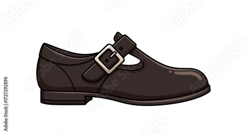 Brown Mary Jane shoe with buckle strap. Classic, flat, elegant footwear design for fashion. Isolated svg vector illustration on transparent background.