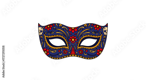 Ornate masquerade mask with intricate floral and skull details, a festive symbol for carnival. SVG vector illustration isolated on transparent background.