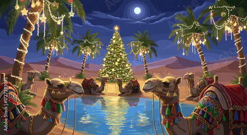 Majestic camels gather around a brilliantly lit Christmas tree reflecting in a desert oasis under a full moon, with decorated palm trees, a festive svg vector illustration.