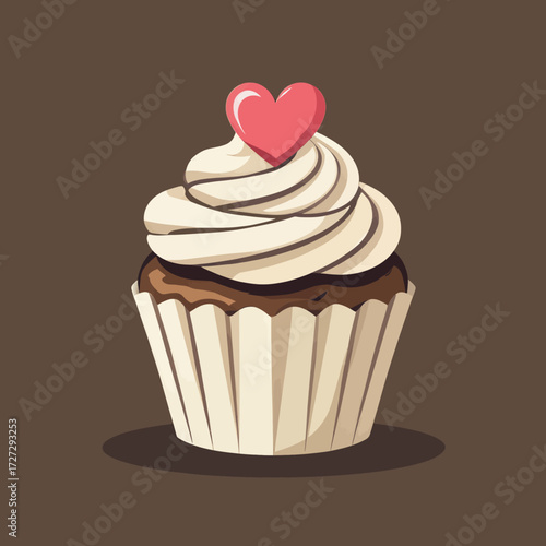 Chocolate Cupcake with Swirled Frosting and Heart Topper on Brown Background