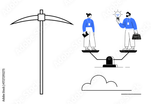 Person on scale shares lightbulb idea with another, representing creativity and balance. Nearby, pickaxe symbolizes effort. Ideal for innovation, teamwork, work-life balance, equality, business