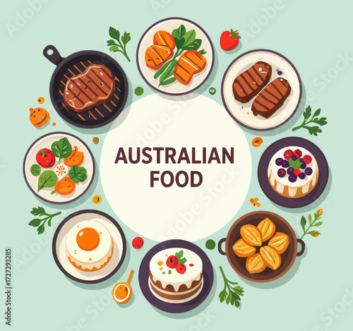 Colorful Australian Cuisine Showcase: Grilled Meats, Fresh Fruits, and Sweet Desserts