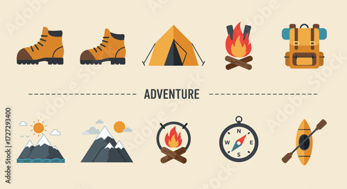Explore the thrill of the outdoors with this flat design icon set, featuring minimalist illustrations of adventure travel and outdoor exploration. Perfect for conveying excitement and discovery.