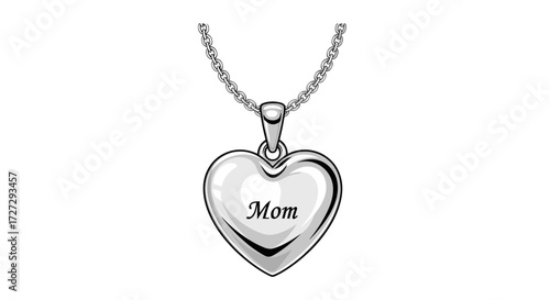 Shiny silver heart pendant necklace with "Mom" engraved, featuring a detailed chain and reflective surface, isolated on transparent background as a vector illustration for sentimental jewelry design.