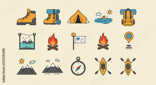 Explore the thrill of the outdoors with this flat design icon set, featuring minimalist illustrations of adventure travel and outdoor exploration. Perfect for conveying excitement and discovery.