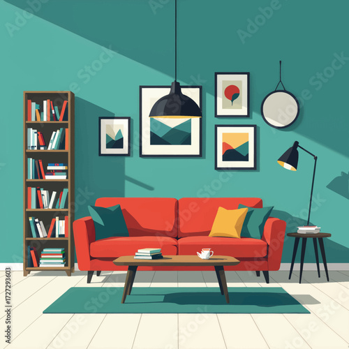 Cozy Living Room with Red Sofa and Art Decor