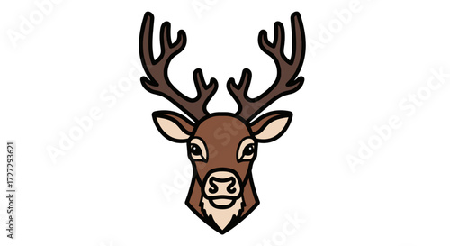 Brown stylized deer head with majestic antlers, friendly expression, ideal for nature-themed graphic design, an SVG vector illustration isolated on transparent background.